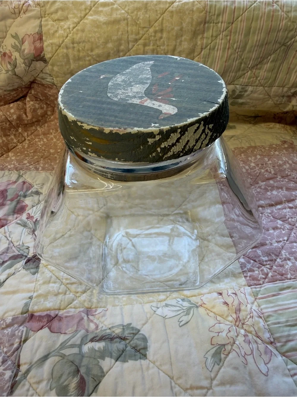 Rustic Wooden Top Glass Canister with Duck Motif - Blue & White